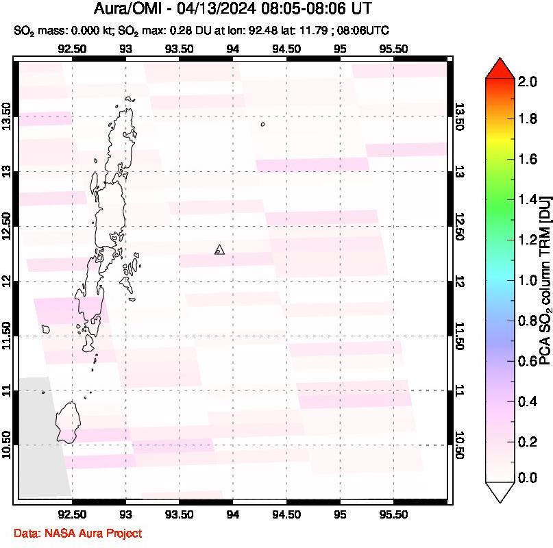 A sulfur dioxide image over Andaman Islands, Indian Ocean on Apr 13, 2024.