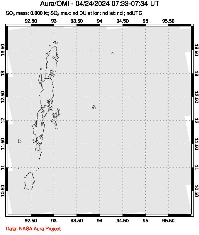 A sulfur dioxide image over Andaman Islands, Indian Ocean on Apr 24, 2024.