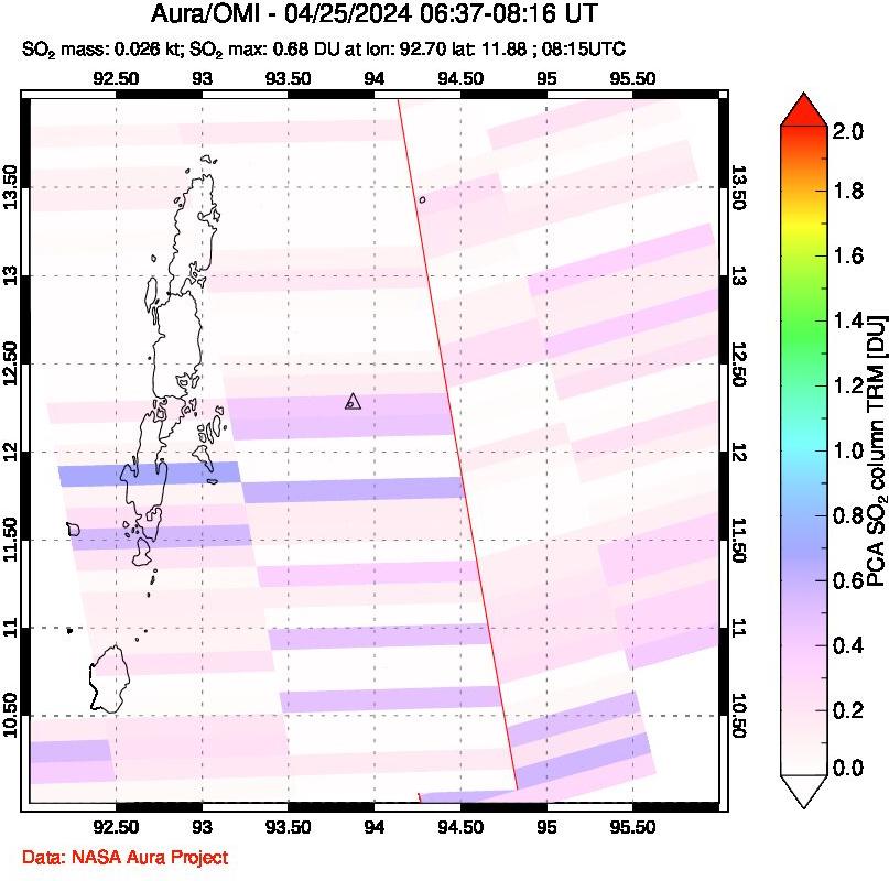 A sulfur dioxide image over Andaman Islands, Indian Ocean on Apr 25, 2024.