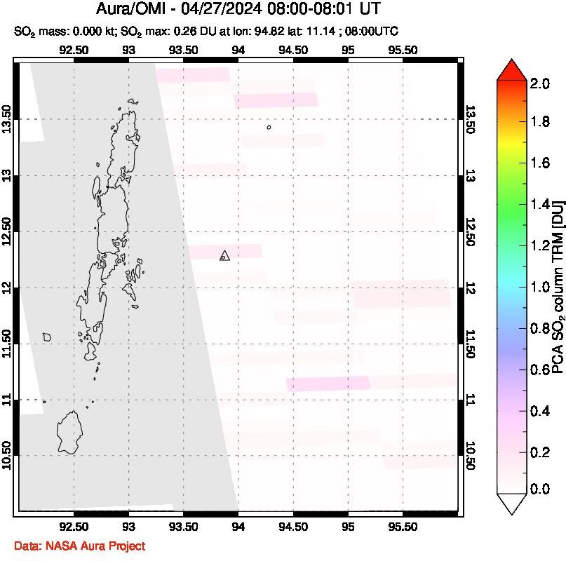 A sulfur dioxide image over Andaman Islands, Indian Ocean on Apr 27, 2024.