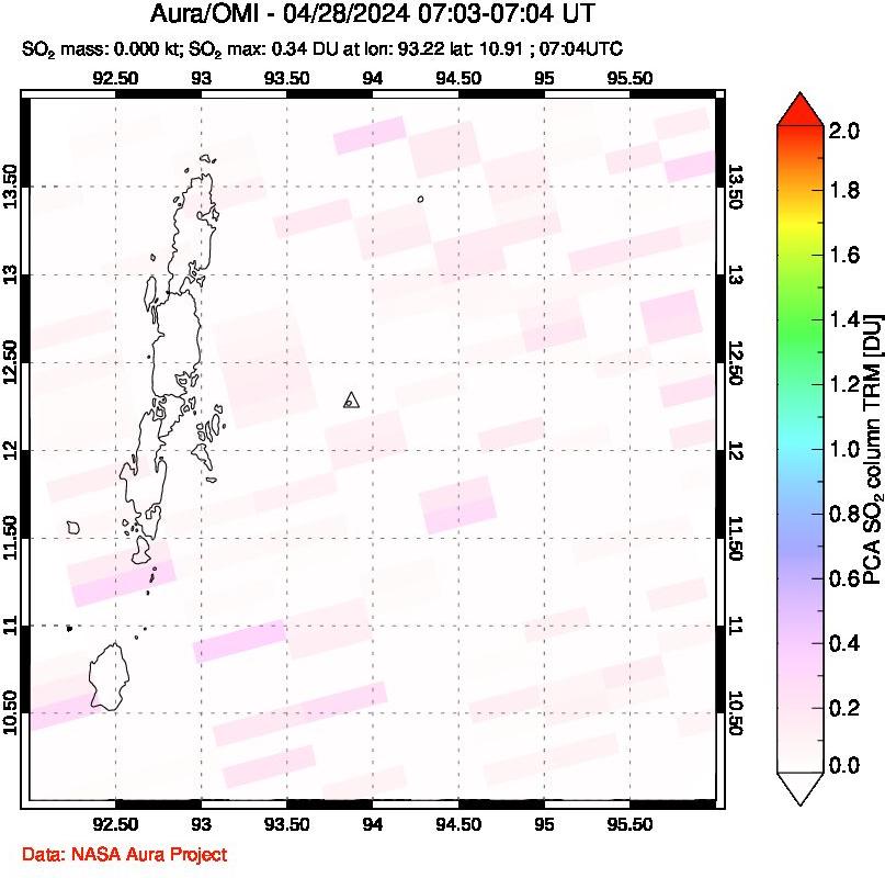 A sulfur dioxide image over Andaman Islands, Indian Ocean on Apr 28, 2024.