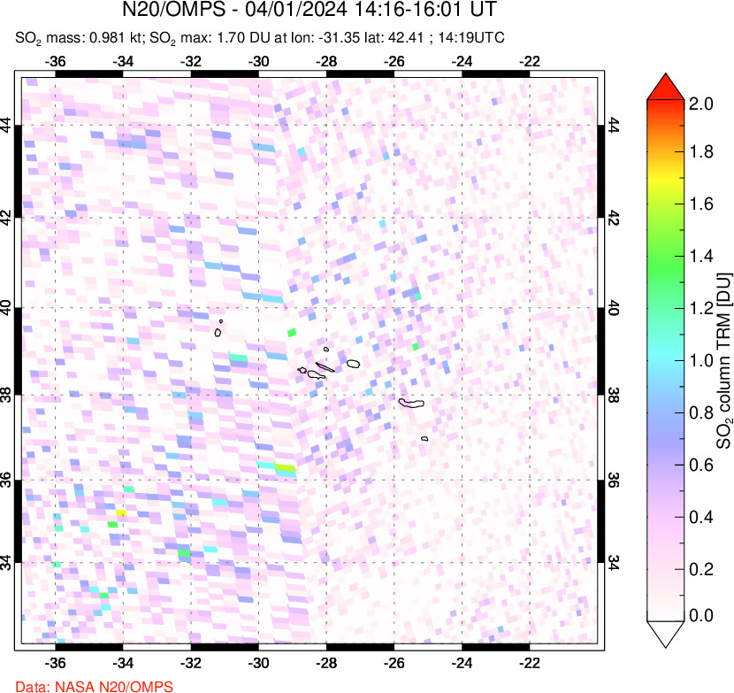 A sulfur dioxide image over Azores Islands, Portugal on Apr 01, 2024.