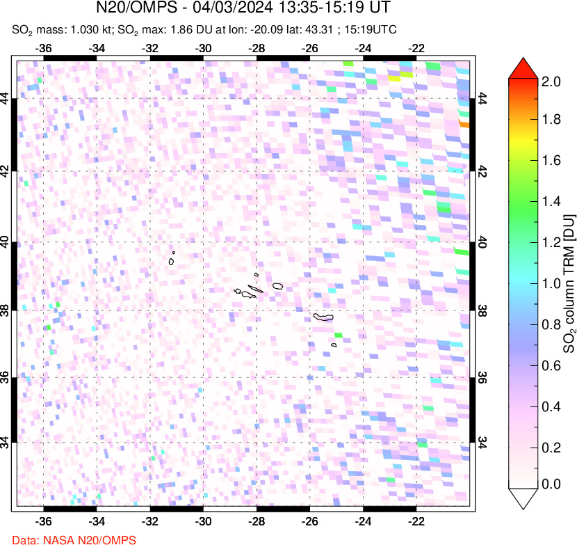 A sulfur dioxide image over Azores Islands, Portugal on Apr 03, 2024.