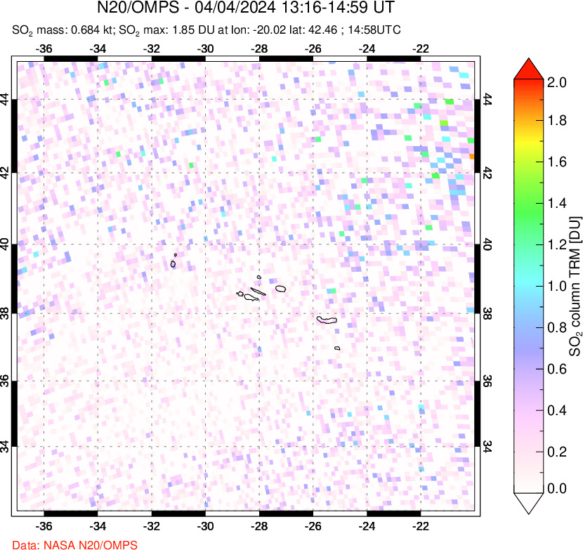 A sulfur dioxide image over Azores Islands, Portugal on Apr 04, 2024.