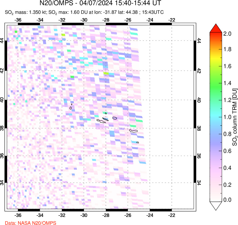 A sulfur dioxide image over Azores Islands, Portugal on Apr 07, 2024.