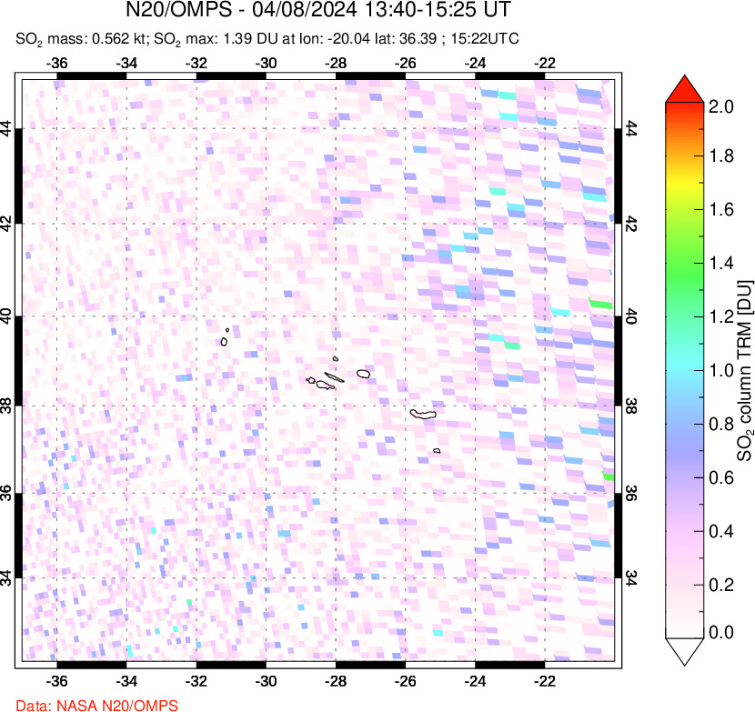 A sulfur dioxide image over Azores Islands, Portugal on Apr 08, 2024.