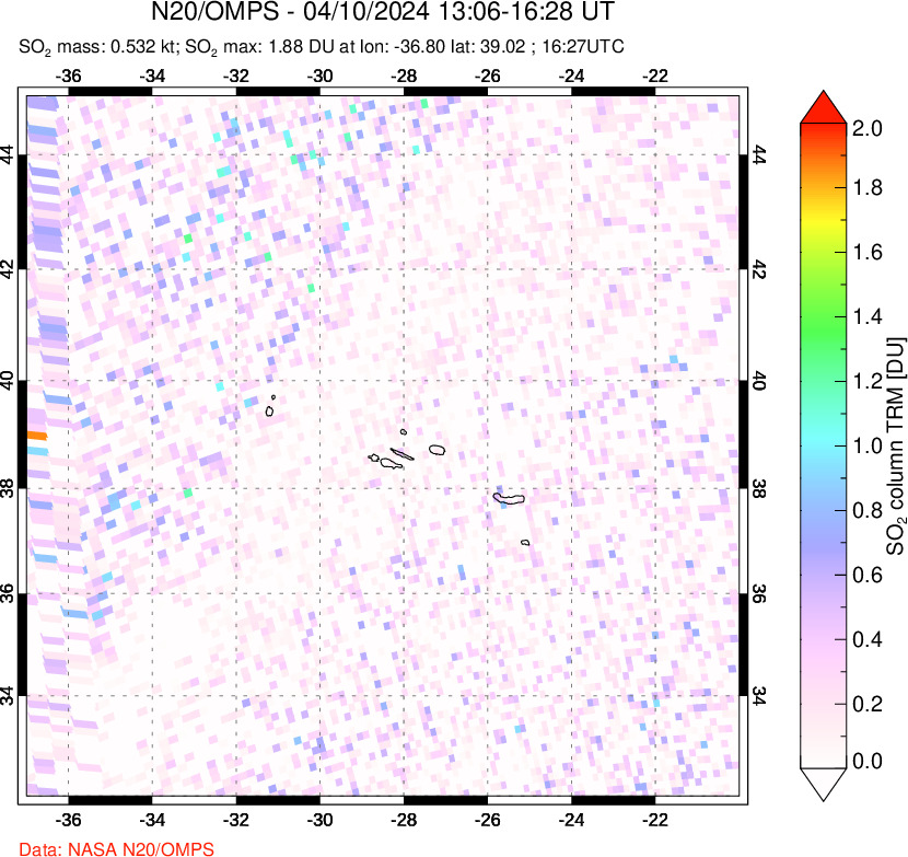 A sulfur dioxide image over Azores Islands, Portugal on Apr 10, 2024.