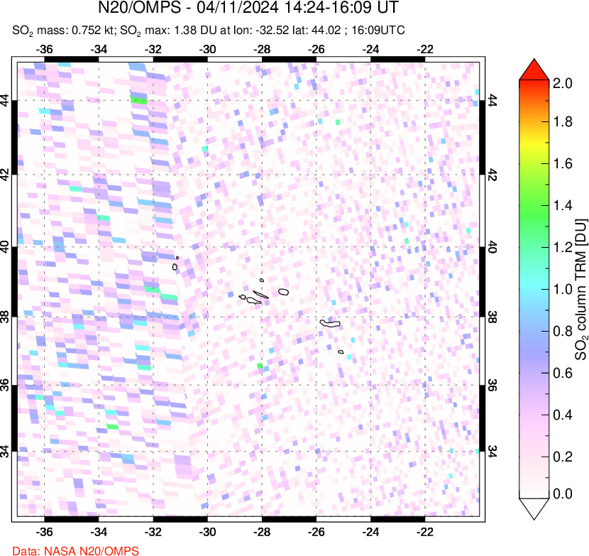 A sulfur dioxide image over Azores Islands, Portugal on Apr 11, 2024.