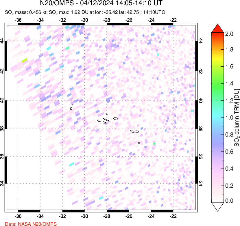 A sulfur dioxide image over Azores Islands, Portugal on Apr 12, 2024.