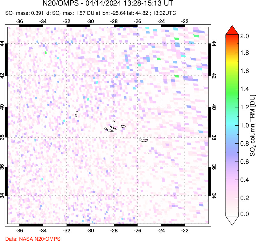 A sulfur dioxide image over Azores Islands, Portugal on Apr 14, 2024.