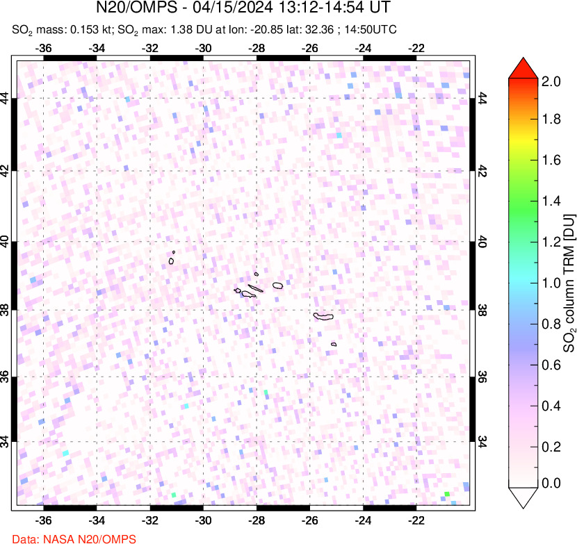 A sulfur dioxide image over Azores Islands, Portugal on Apr 15, 2024.