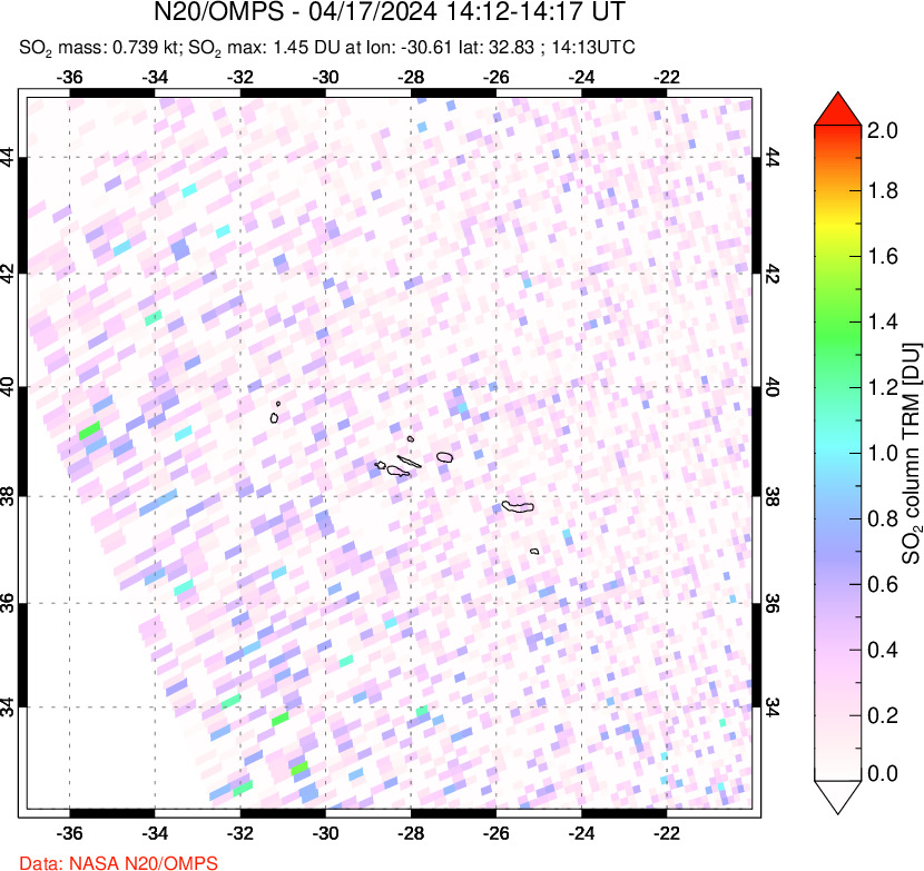 A sulfur dioxide image over Azores Islands, Portugal on Apr 17, 2024.