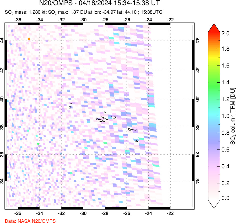 A sulfur dioxide image over Azores Islands, Portugal on Apr 18, 2024.