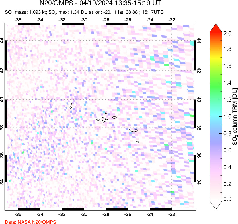 A sulfur dioxide image over Azores Islands, Portugal on Apr 19, 2024.