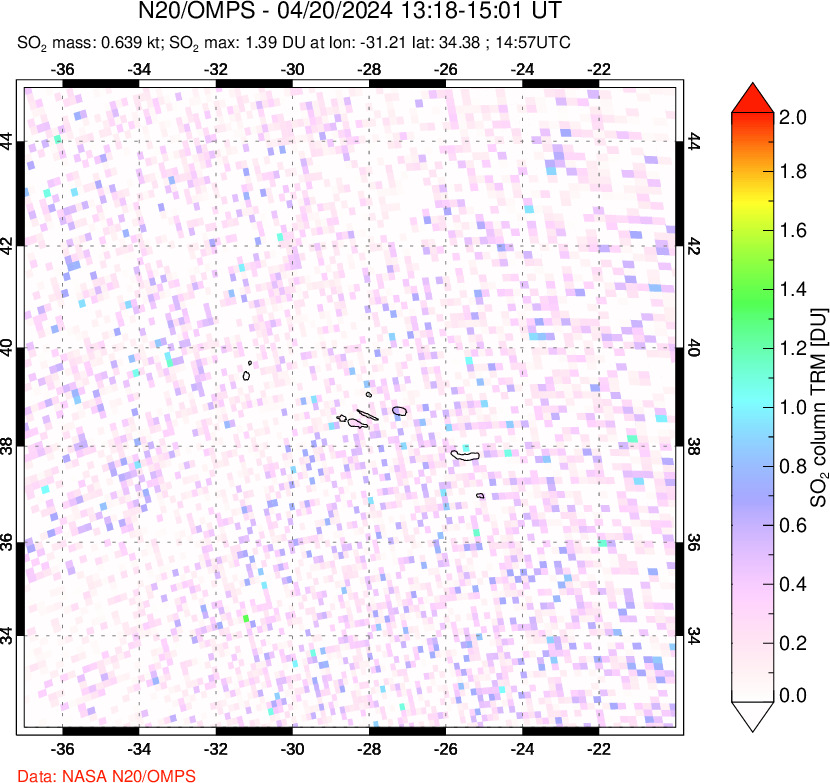 A sulfur dioxide image over Azores Islands, Portugal on Apr 20, 2024.