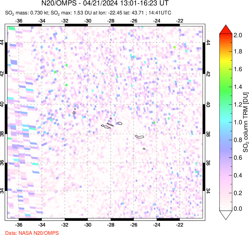 A sulfur dioxide image over Azores Islands, Portugal on Apr 21, 2024.