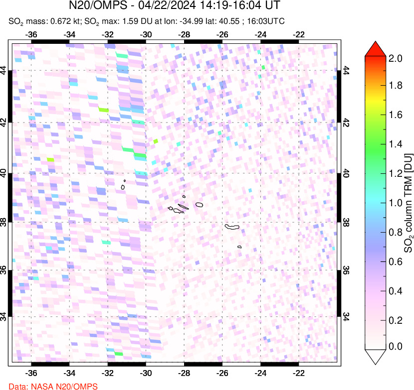 A sulfur dioxide image over Azores Islands, Portugal on Apr 22, 2024.