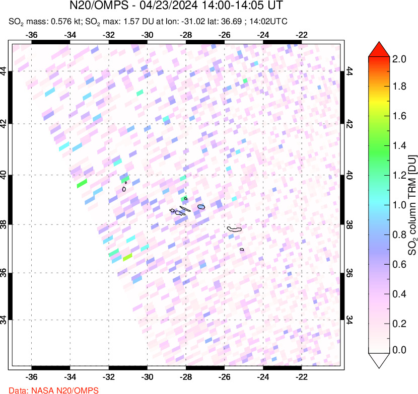 A sulfur dioxide image over Azores Islands, Portugal on Apr 23, 2024.