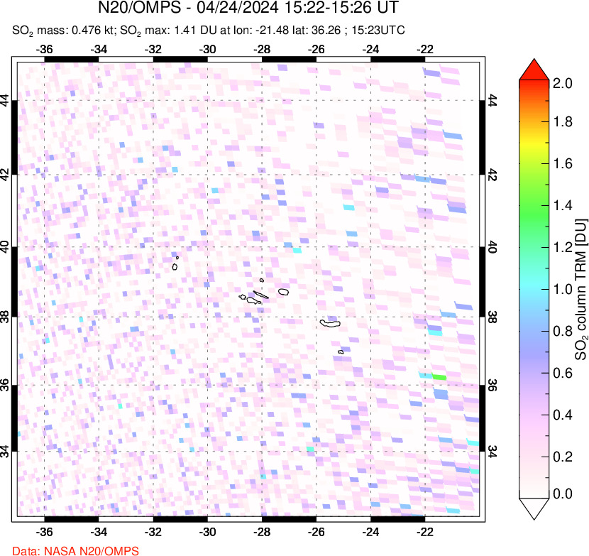 A sulfur dioxide image over Azores Islands, Portugal on Apr 24, 2024.