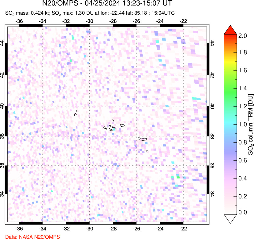 A sulfur dioxide image over Azores Islands, Portugal on Apr 25, 2024.