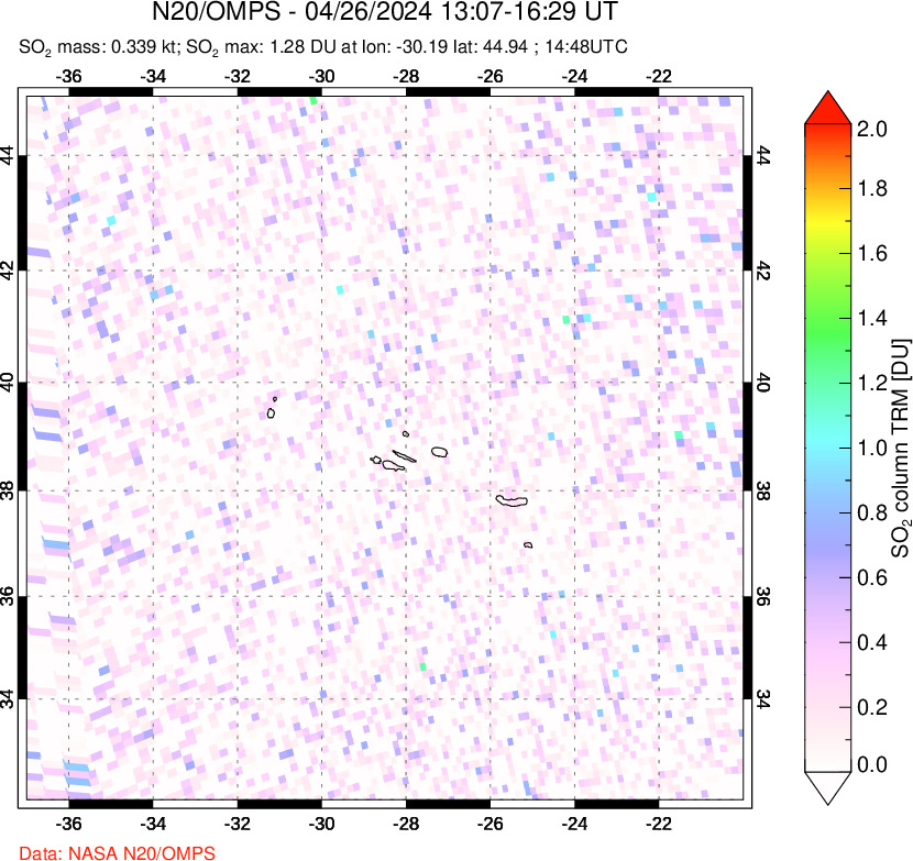 A sulfur dioxide image over Azores Islands, Portugal on Apr 26, 2024.