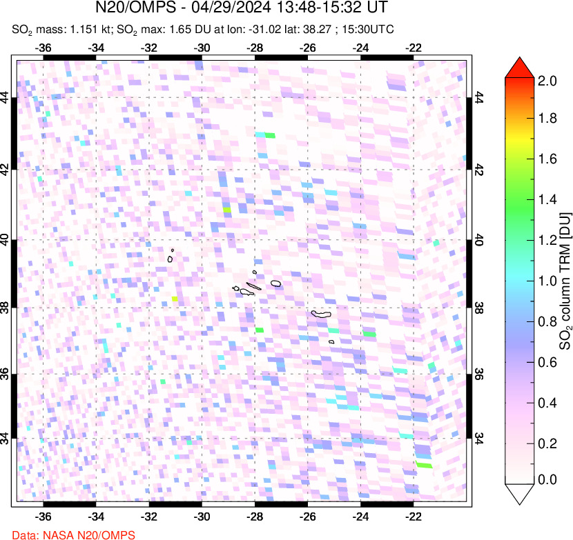 A sulfur dioxide image over Azores Islands, Portugal on Apr 29, 2024.