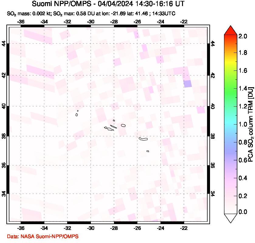 A sulfur dioxide image over Azores Islands, Portugal on Apr 04, 2024.