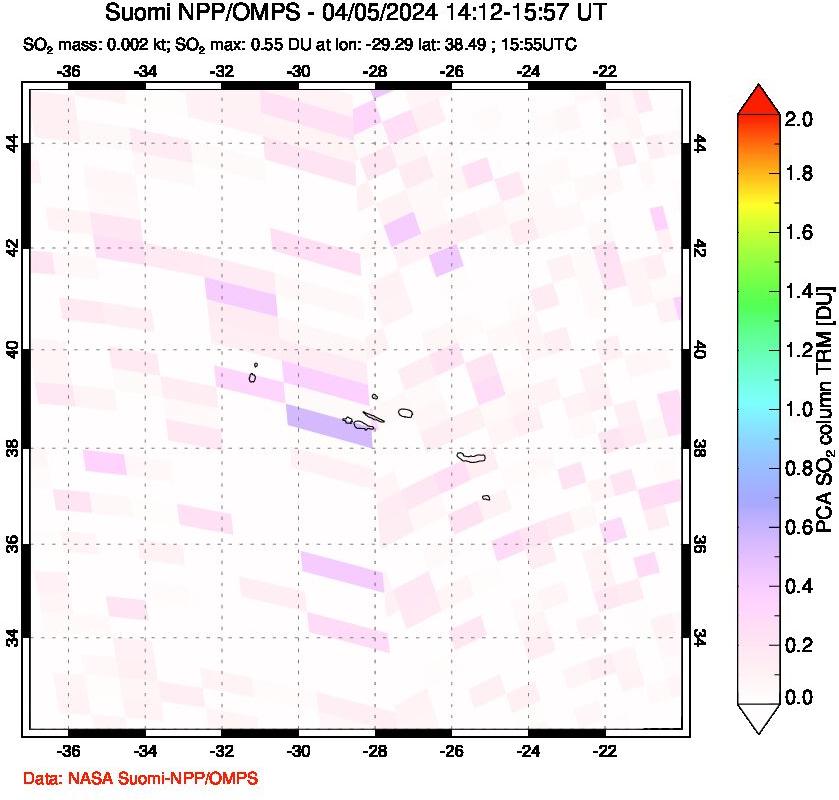 A sulfur dioxide image over Azores Islands, Portugal on Apr 05, 2024.