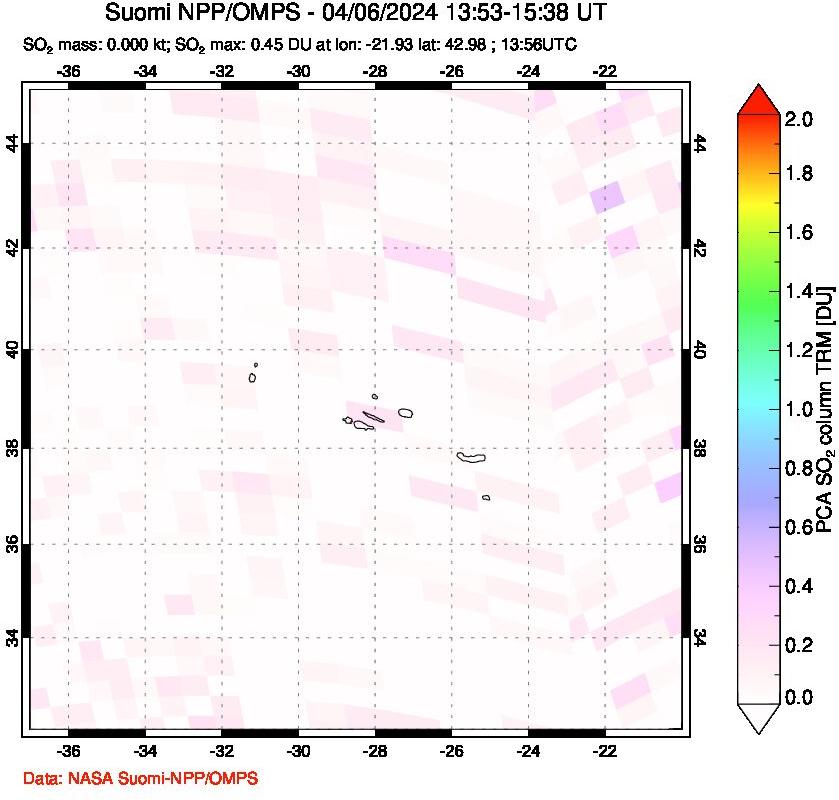 A sulfur dioxide image over Azores Islands, Portugal on Apr 06, 2024.