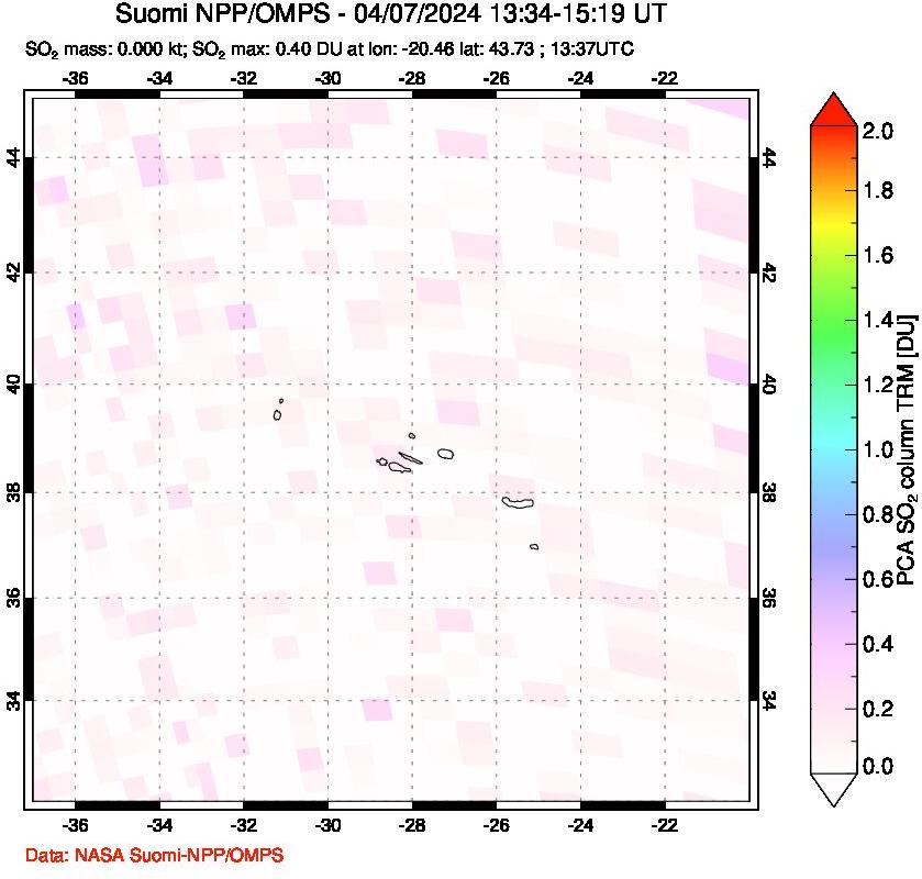 A sulfur dioxide image over Azores Islands, Portugal on Apr 07, 2024.