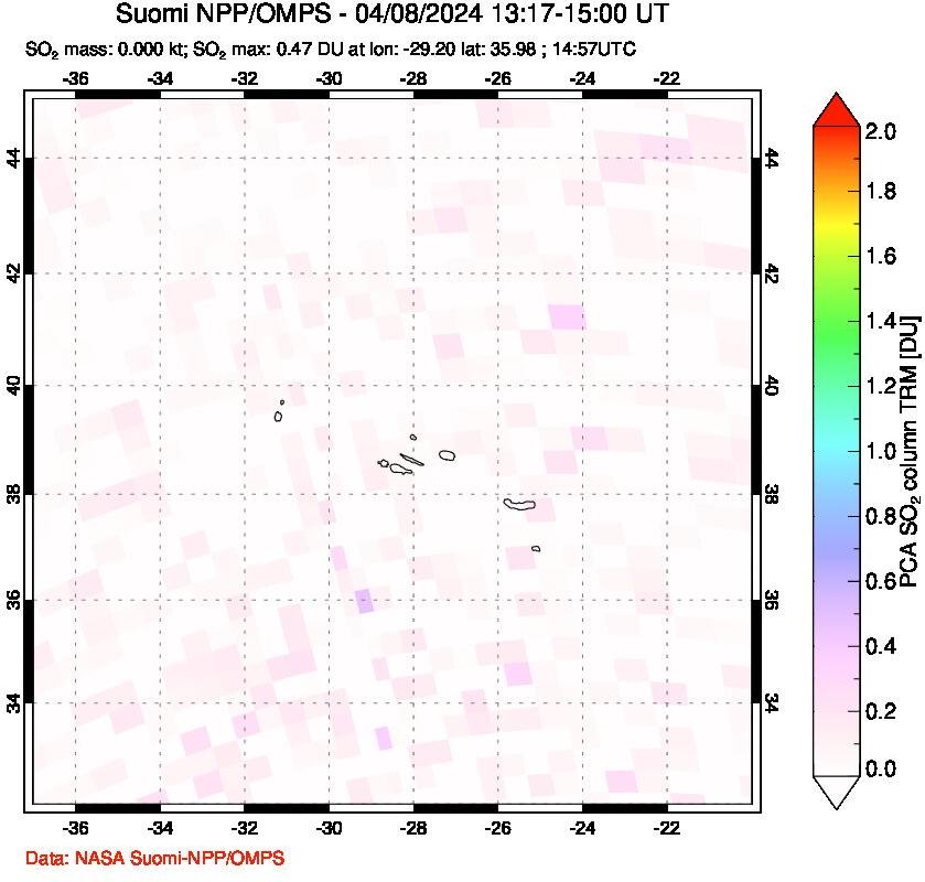 A sulfur dioxide image over Azores Islands, Portugal on Apr 08, 2024.