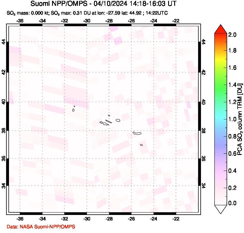 A sulfur dioxide image over Azores Islands, Portugal on Apr 10, 2024.