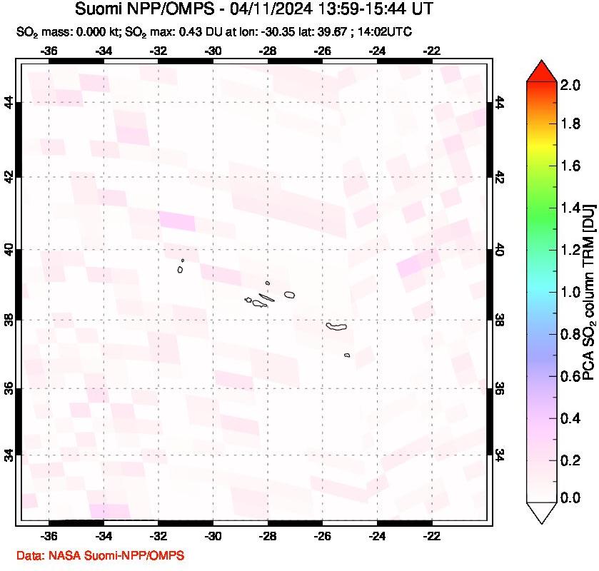 A sulfur dioxide image over Azores Islands, Portugal on Apr 11, 2024.