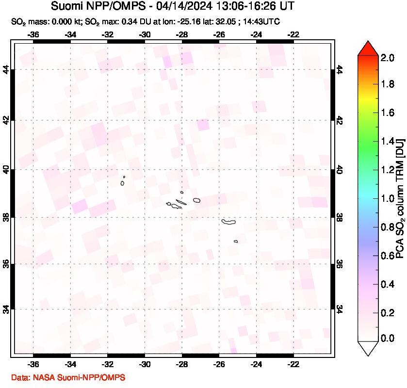 A sulfur dioxide image over Azores Islands, Portugal on Apr 14, 2024.