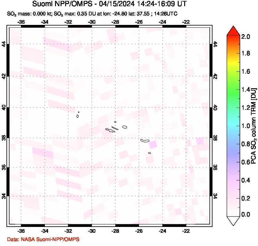 A sulfur dioxide image over Azores Islands, Portugal on Apr 15, 2024.