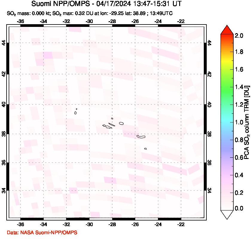 A sulfur dioxide image over Azores Islands, Portugal on Apr 17, 2024.