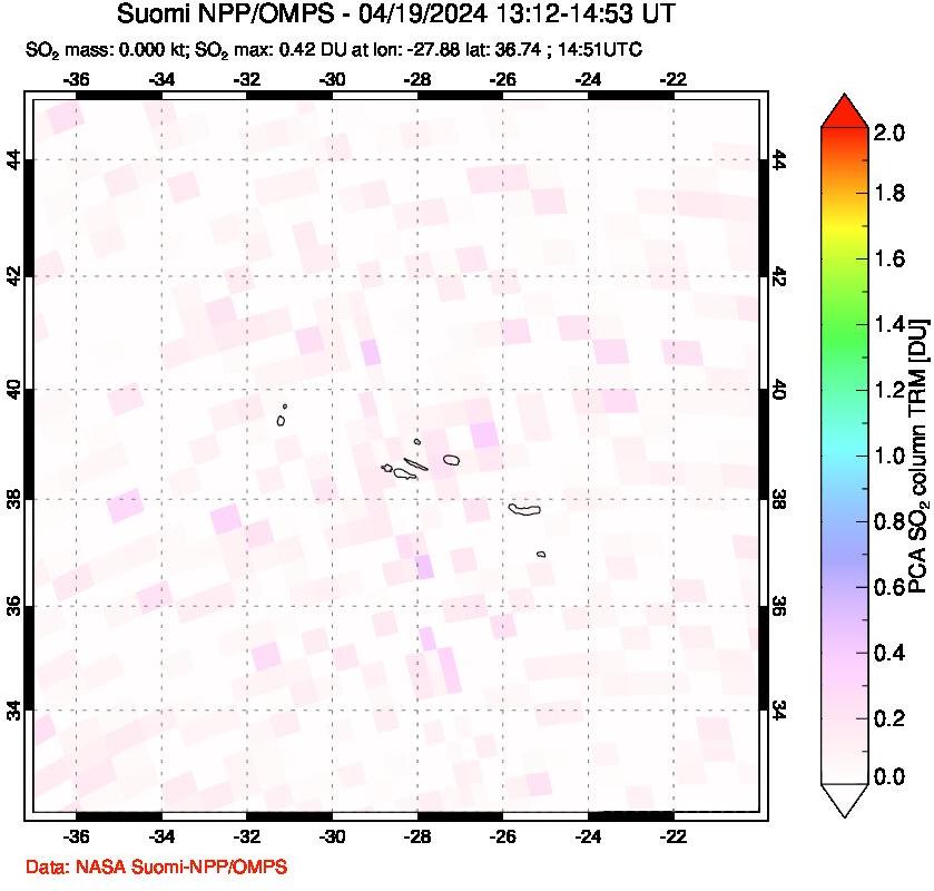 A sulfur dioxide image over Azores Islands, Portugal on Apr 19, 2024.