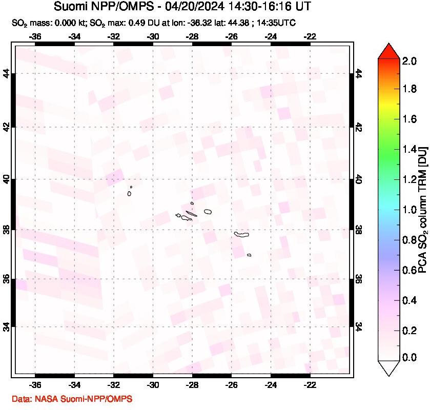 A sulfur dioxide image over Azores Islands, Portugal on Apr 20, 2024.