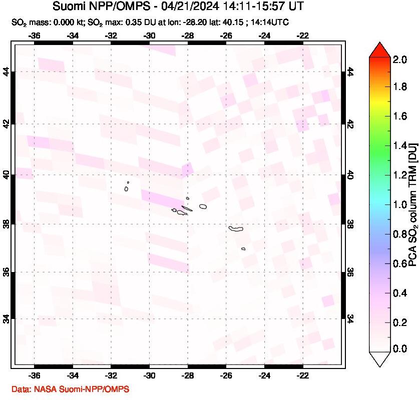 A sulfur dioxide image over Azores Islands, Portugal on Apr 21, 2024.