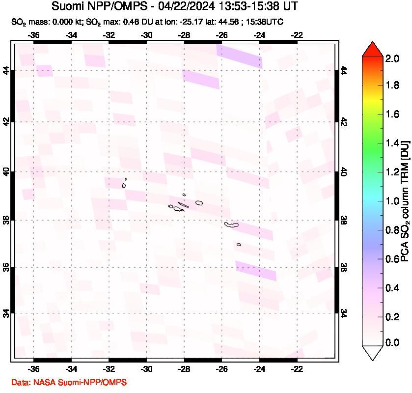 A sulfur dioxide image over Azores Islands, Portugal on Apr 22, 2024.