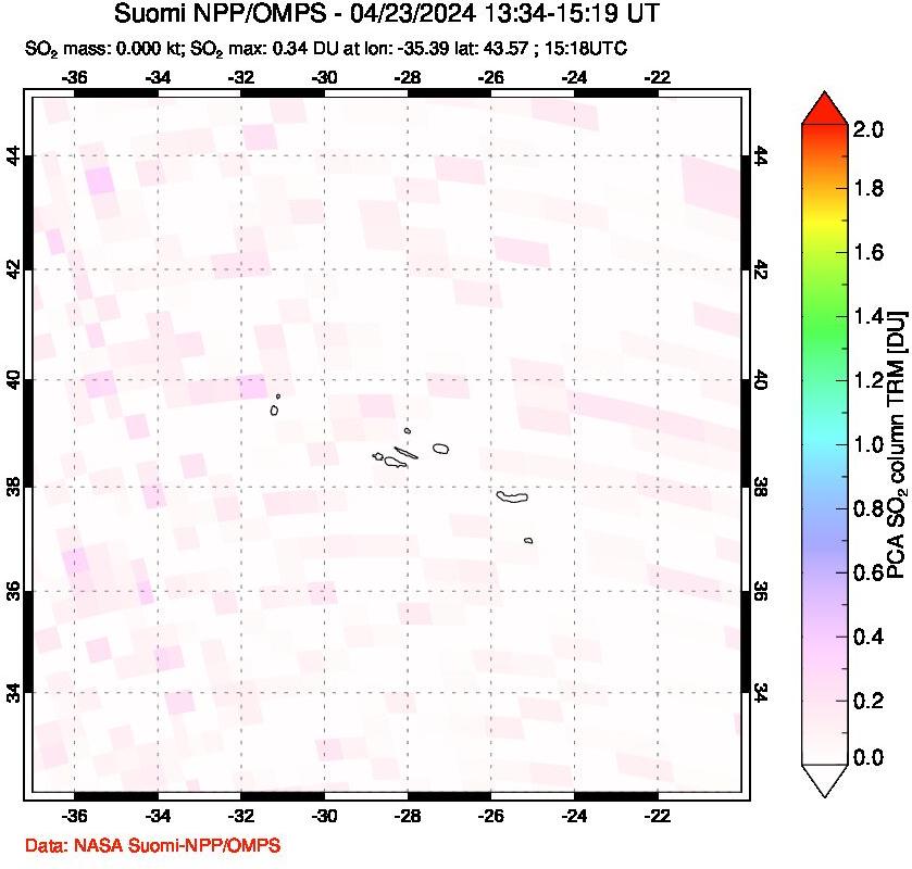 A sulfur dioxide image over Azores Islands, Portugal on Apr 23, 2024.