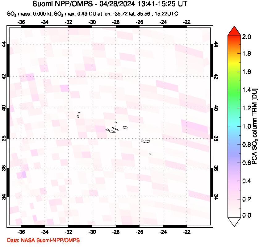 A sulfur dioxide image over Azores Islands, Portugal on Apr 28, 2024.