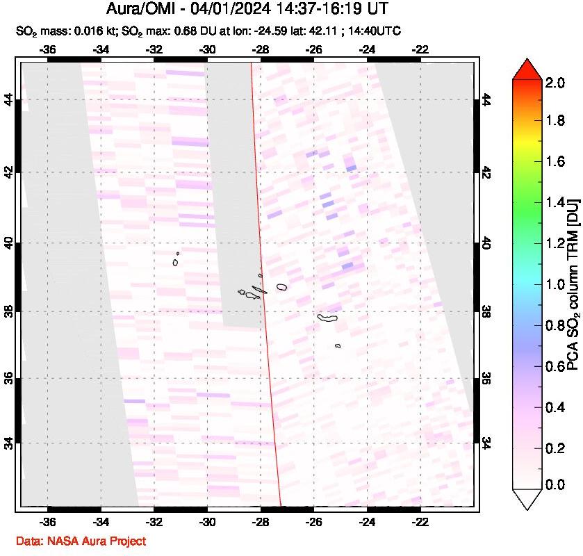 A sulfur dioxide image over Azore Islands, Portugal on Apr 01, 2024.