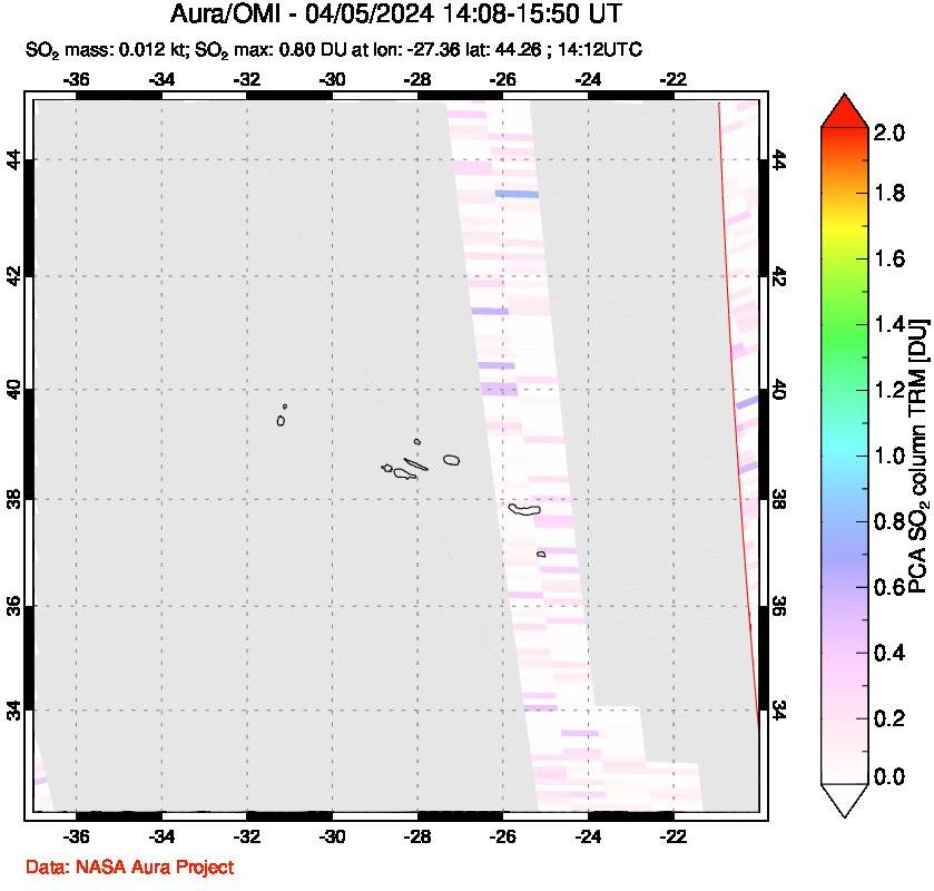 A sulfur dioxide image over Azore Islands, Portugal on Apr 05, 2024.