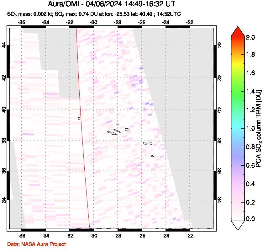 A sulfur dioxide image over Azore Islands, Portugal on Apr 06, 2024.