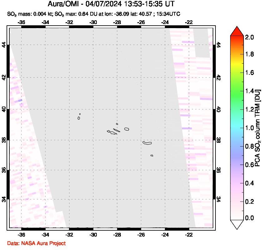 A sulfur dioxide image over Azore Islands, Portugal on Apr 07, 2024.