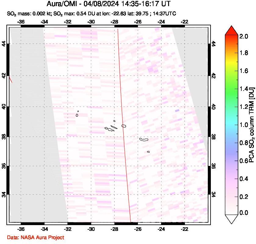 A sulfur dioxide image over Azore Islands, Portugal on Apr 08, 2024.