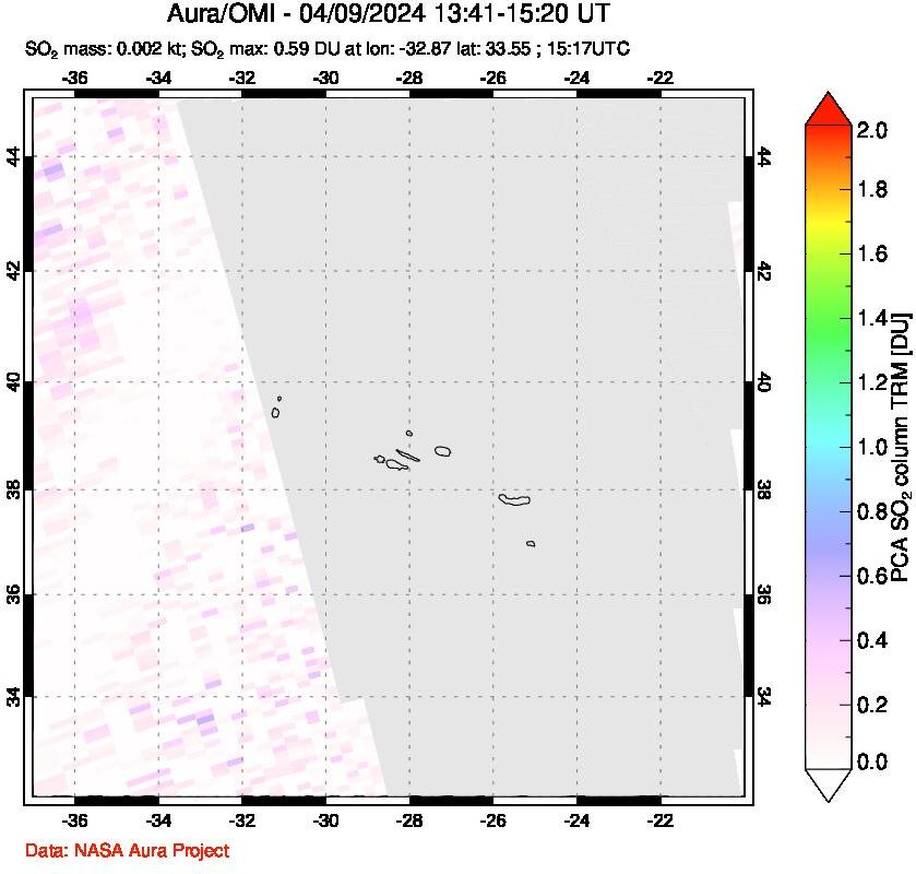 A sulfur dioxide image over Azore Islands, Portugal on Apr 09, 2024.