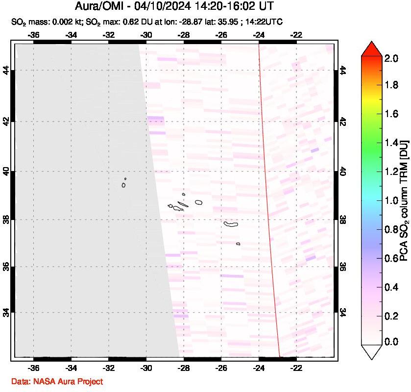 A sulfur dioxide image over Azore Islands, Portugal on Apr 10, 2024.