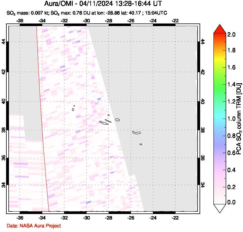 A sulfur dioxide image over Azore Islands, Portugal on Apr 11, 2024.